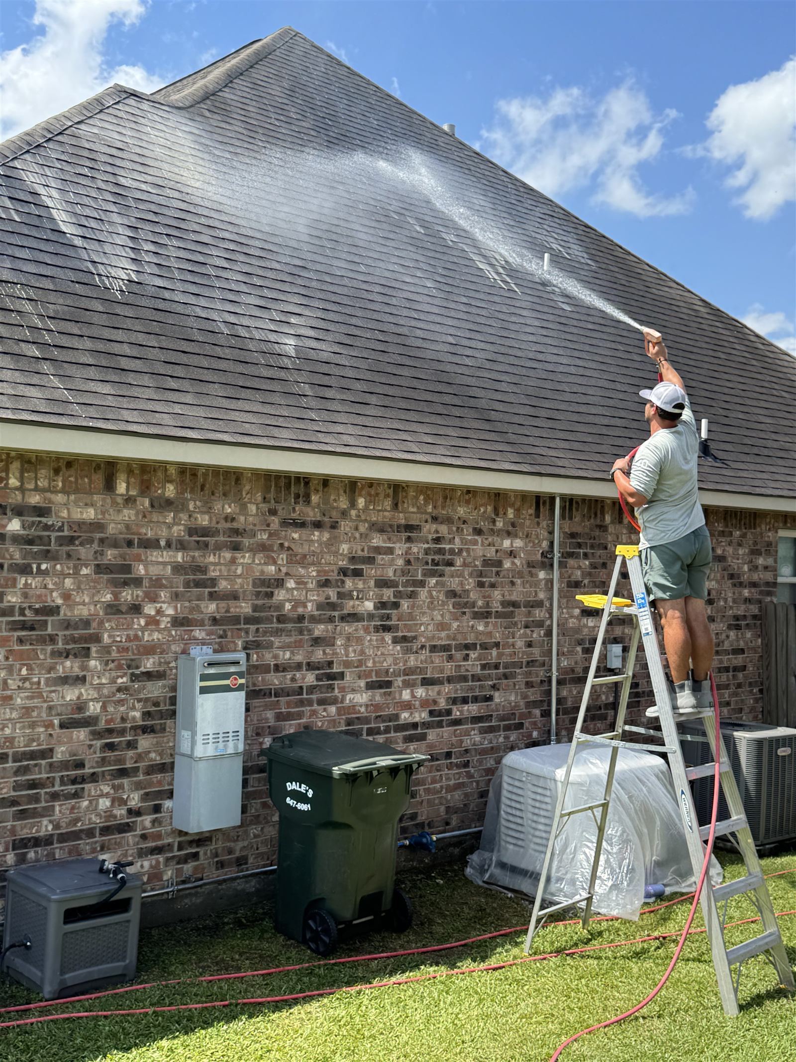 Roof soft wash in progress — clean line visible on dark shingles